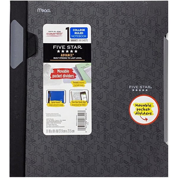 Five Star Advance 1 - Subject College Ruled Spiral Notebook with Spiral Guard and Pocket Folder Divider - Select Color (100 Sheets) Includes Pen Holder - Dollar Fanatic