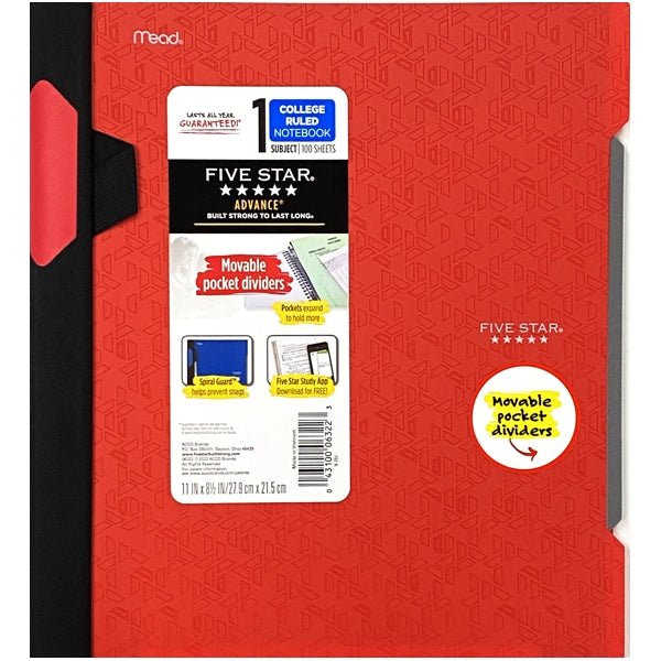Five Star Advance 1 - Subject College Ruled Spiral Notebook with Spiral Guard and Pocket Folder Divider - Select Color (100 Sheets) Includes Pen Holder - Dollar Fanatic