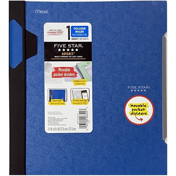 Five Star Advance 1 - Subject College Ruled Spiral Notebook with Spiral Guard and Pocket Folder Divider - Select Color (100 Sheets) Includes Pen Holder - Dollar Fanatic