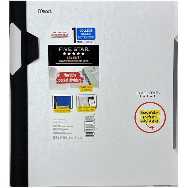 Five Star Advance 1 - Subject College Ruled Spiral Notebook with Spiral Guard and Pocket Folder Divider - Select Color (100 Sheets) Includes Pen Holder - Dollar Fanatic