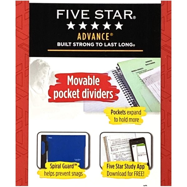 Five Star Advance 1 - Subject College Ruled Spiral Notebook with Spiral Guard and Pocket Folder Divider - Select Color (100 Sheets) Includes Pen Holder - Dollar Fanatic