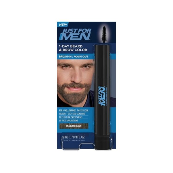 Just for Men 1 - Day Beard & Brow Easy Brush - In Temporary Hair Color (Medium Brown) Eliminates Gray for a Thicker, Fuller Look - 2 for $5