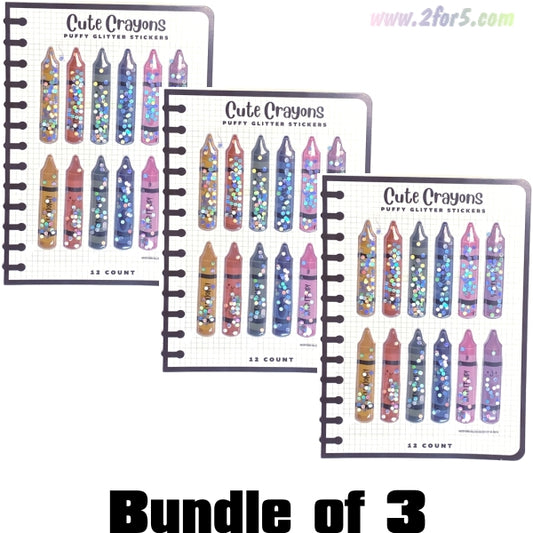 Bundle of 3 - Fun Puffy Glitter Stickers - Crayons (12 Count)