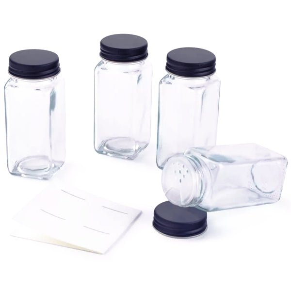 Ankyo Glass Spice Jars with Label Sticker Sheet - Clear/Black (4 Pack) - 2 for $5