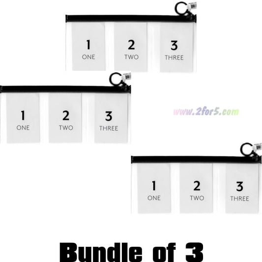 Bundle of 3 - Ankyo 3 - Section Reusable Storage Pouch - Transparent/Black (9" x 4") - 2 for $5