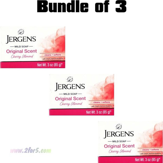 Bundle of 3 - Jergens Cherry Almond Hydrating Bar Soap - Original Scent (Net wt. 3 oz.) - 2 for $5
