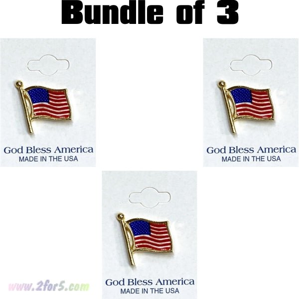 Bundle of 3 - Tri - Star Patriotic USA Flag Lapel Pin - Carded (1 Count) Made in the USA - 2 for $5