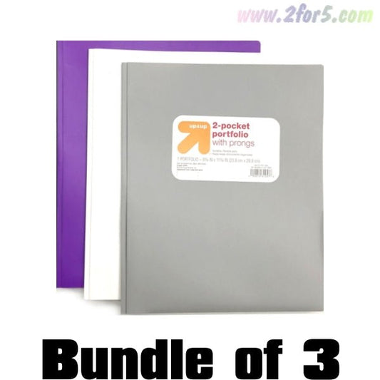 Bundle of 3 - Up & Up 2 - Pocket Prong Plastic Portfolio Folder - 9.375" x 11.375" (Colors Vary) - 2 for $5