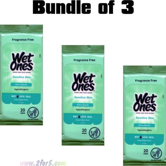 Bundle of 3 - Wet Ones Hand and Face Wipes - Extra Gentle for Sensitive Skin (20 Pack) Fragrance Free - 2 for $5