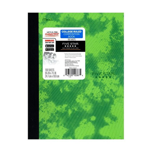 Five Star College Ruled Plastic Cover Composition Notebook - Tie Dye Green (100 Sheets) - Dollar Fanatic