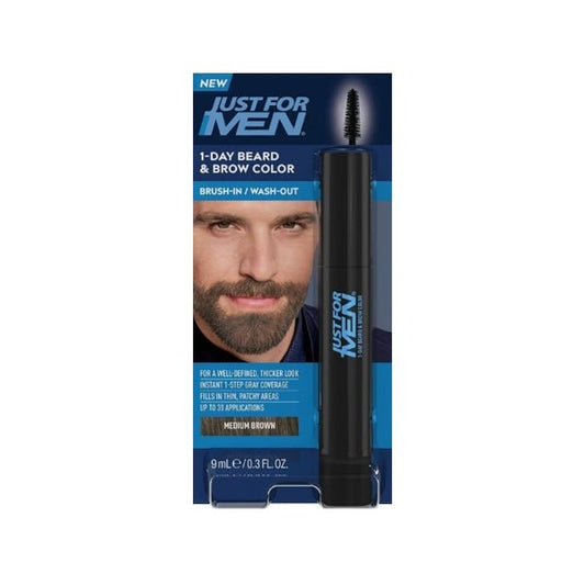 Just for Men 1 - Day Beard & Brow Easy Brush - In Temporary Hair Color (Medium Brown) Eliminates Gray for a Thicker, Fuller Look - 2 for $5