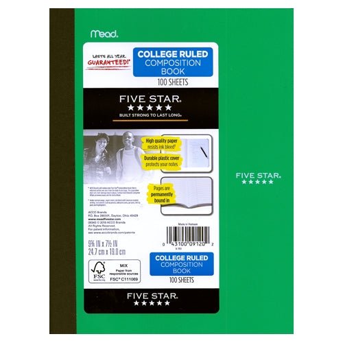 Mead Five Star Plastic Cover College Ruled Composition Notebook - Select Color (100 Sheets) - 2 for $5