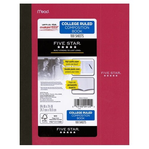 Mead Five Star Plastic Cover College Ruled Composition Notebook - Select Color (100 Sheets) - 2 for $5