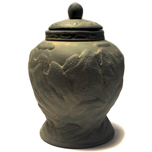 Charcoal Gray Terracotta Carved Table Vase with Lid - Chinese Mountain Scene (5") - $5 Outlet